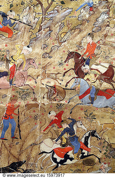 Künstlerische Ornamentik des Manuskripts der Prinzen auf der Jagd zu Pferd  Safawiden-Iran  16. Jahrhundert  Museum der Islamischen Künste  Kuala Lumpur  Malaysia  Südostasien  Asien