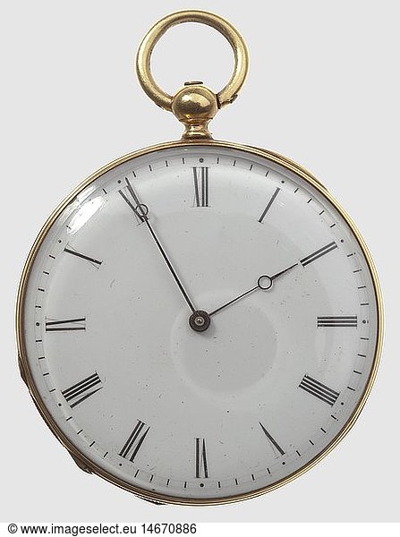 Kaiser Franz Joseph of Austria (1830 - 1916)  a golden pocket watch  presented to Bavarian Life Guard Hunter Weinberger of Munich  1862 Spindle pocket watch produced in 18-carat gold. The inside cover with engraving 'Geschenk v. Sr. M. dem Kayser Franz von Ã–sterreich 4.9.62 J. Weinberger LeibjÃ¤ger' ('Gift of His Majesty Kaiser Franz of Austria 4 September 1862 [to] J. Weinberger Life Guard Hunter')  the inner lid with diverse punch marks  among which is '18 K'. The dust cover labeled 'a Cylindre' and '8 Rubins'. The enameled clock face with Roman numerals. The watch has a massive chain of 333 fine yellow gold  as well as the original key  and is fully functional. Included is a copy of the marriage certificate for ducal Life Guard Hunter Johann Baptist Weinberger of Munich  as well as a birth certificate of his daughter. Weight of watch 39.44 g. Diameter 40 mm. Weight of the chain 16.22 g  length 29 cm. This high-quality presentation pocket watch is emblematic of the hi historic  historical  19th century  Imperial  Austria  Austrian  Danube Monarchy  Empire  object  objects  stills  clipping  clippings  cut out  cut-out  cut-outs  clock  clocks  watch  watches  timepiece