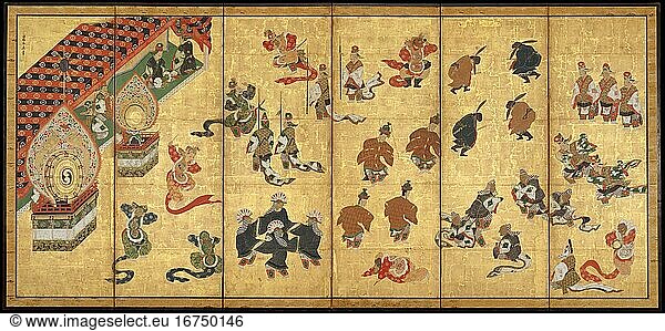 Kano Yasunobu 1613–1685. Screen  ca. 1615–1868. Edo period (1615–1868).
Six-panel screen; ink  color  and gold on gilded paper  176.2 × 371.8 cm.
Inv. Nr. 2000.453
New York  Metropolitan Museum of Art.