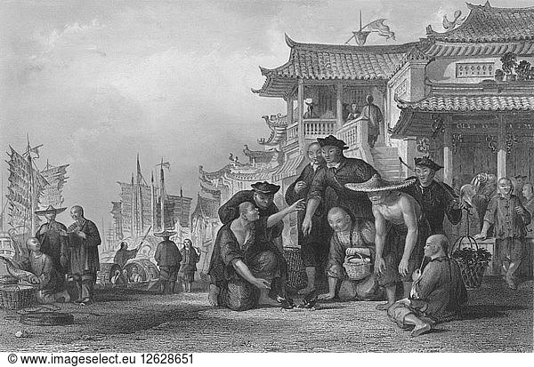 Kantonesische Binnenschiffer im Kampf gegen Wachteln  1843. Künstler: Augustus Fox.