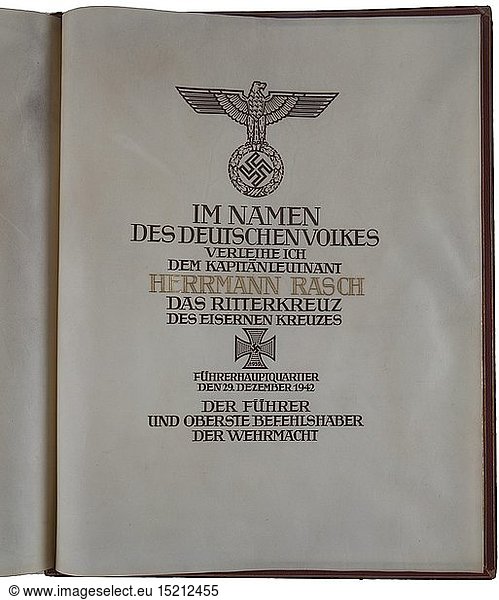 KapitÃ¤nleutnant Hermann Rasch - an award document with folder for the Knight's Cross of the Iron Cross of 1939 Large  double-page parchment document to the then KapitÃ¤nleutnant with calligraphic text and national eagle dated 29 December 1942  without Adolf Hitler's signature. Rasch's name rendered in gold letters. Dimensions 43.5 x 34.7 cm. Red leather folder  exterior with gold-stamped eagle  inside stamped at lower right 'Frieda Thiersch'. Dimensions 45 x 36.5 cm. Folder exhibits age  poor storage. USA-Los historic  historical  navy  naval forces  military  militaria  branch of service  branches of service  armed forces  armed service  object  objects  stills  clipping  clippings  cut out  cut-out  cut-outs  20th century