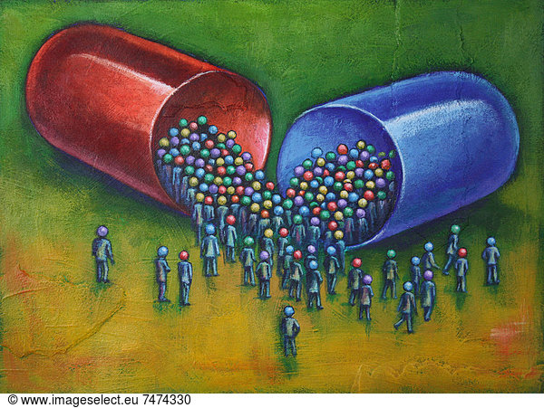 Kapsel  Kapseln  Mensch  Menschen  geselliges Beisammensein  Illustration  Menschenmenge  Pille  groß  großes  großer  große  großen