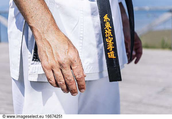 karate expert with relaxed hands  close up image