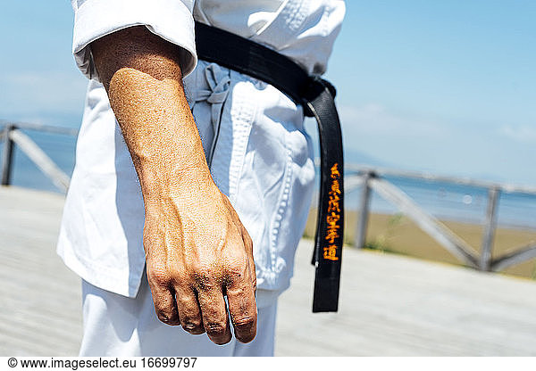 karate expert with relaxed hands  close up image