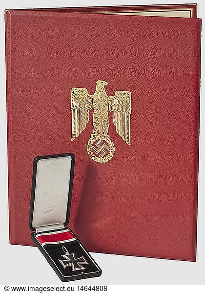 Karl Friedrich Merten  a Knight's Cross to the Iron Cross 1939  including the award citation and the leather folder for 13 June 1942 The Knight's Cross in outstanding condition with silver frame stamped '800' and a blackened iron core  49.1 x 48.8 mm. The silver suspension ring stamped '800' and '65' for Klein & Quenzer  Idar-Oberstein. Total weight 31.21 g. Along with a 74 cm long section of uncustomised ribbon in the original case. The lid s historic  historical  1930s  20th century  navy  naval forces  military  militaria  branch of service  branches of service  armed forces  armed service  object  objects  stills  clipping  clippings  cut out  cut-out  cut-outs  medal  decoration  medals  decorations  honouring  honor  honour  honors  honours  badge  badges  object  objects  stills  clipping  clippings  cut out  cut-out  cut-outs