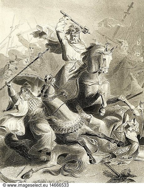 Karl 'Martell' ('der Hammer')  um 689 - 22.10.741  frÃ¤nk. Hausmeier  schlÃ¤gt die Araber in der Schlacht von Tours 732  Stahstich von T. Heawood  19. Jahrhundert