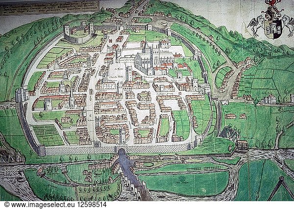 Karte der englischen Stadt Exeter von John Hooker  1587. Künstler: John Hooker