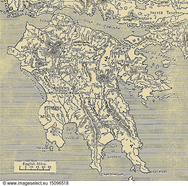 Karte des Peloponnes   1890. Schöpfer: Unbekannt.