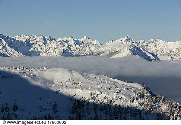 Karwendel Mountains covered in snow on sunny day  Tyrol  Austria