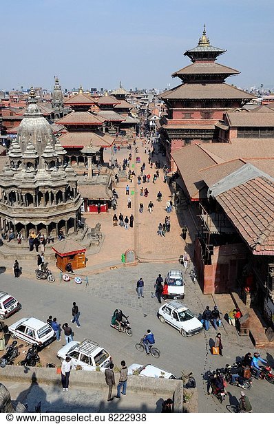 Kathmandu Hauptstadt Winter Morgen Erhöhte Ansicht Aufsicht Quadrat Quadrate quadratisch quadratisches quadratischer Durbar Square Nepal Patan