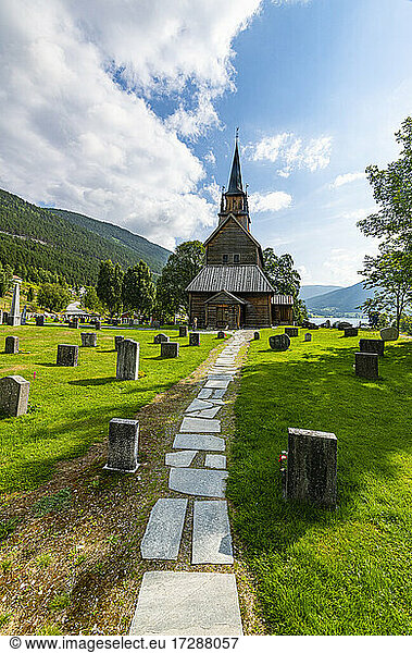 Kaupanger Stave Church under cloud sky at Kaupanger  Vestland  Norway