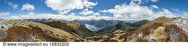 Kepler Track  Great Walk  view of the South Fiord of Lake Te Anau  Murchison Mountains and Southern Alps in the back  Panorama  Fiordland National Park  Southland  New Zealand  Oceania