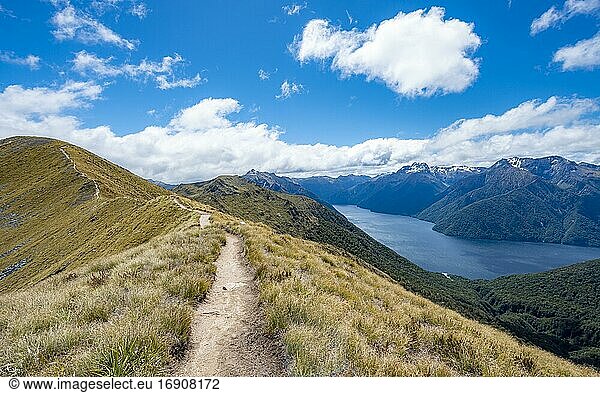Kepler Track hiking trail  views of the South Fiord of Lake Te Anau  Murchison Mountains and Kepler Mountains in the background  Great Walk  Fiordland National Park  Southland  New Zealand  Oceania