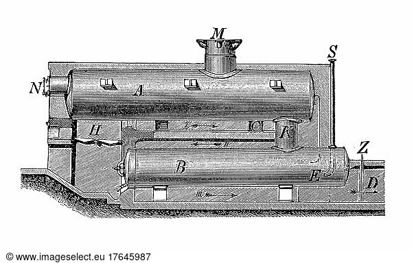 Kessel oder Dampferzeuger im 19. Jahrhundert  digital restaurierte Reproduktion einer Originalvorlage aus dem 19. Jahrhundert