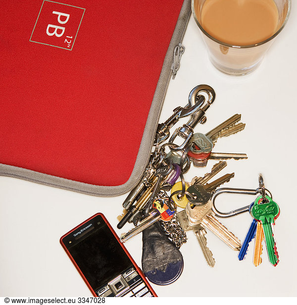 Keys  mobile phone  laptop and coffee  close-up  Sweden.