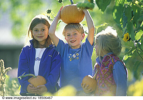 Kids in a pumpkin patch.