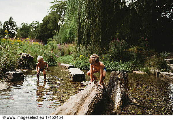 Kids playing in the water in stream by rocks and logs in summer