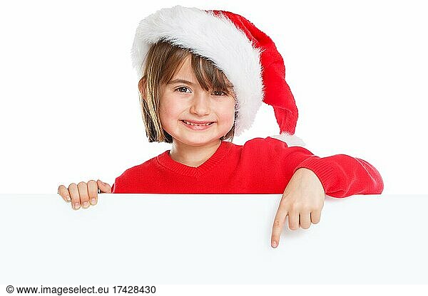 Kind Mädchen Weihnachtsmann Nikolaus Weihnachten lachen zeigen Schild Textfreiraum Copyspace Freiraum  Deutschland  Europa