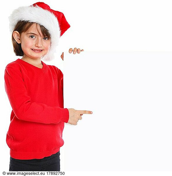 Kind Mädchen Weihnachtsmann Nikolaus Weihnachten zeigen Schild Textfreiraum Copyspace Freiraum