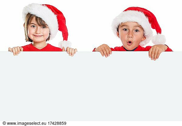 Kinder Mädchen Junge Weihnachtsmann Nikolaus Weihnachten Schild Textfreiraum Copyspace Freisteller isoliert  Deutschland  Europa