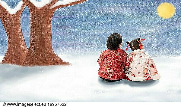 Kinder schauen den Mond an  wenn sie unter dem Baum sitzen