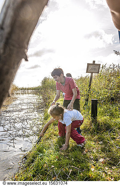 Kinder spielen mit Holzstock am Wasserlauf  Darß  Mecklenburg-Vorpommern  Deutschland