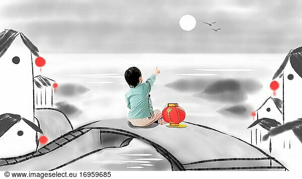 Kinderfigur sitzend auf einer Brücke