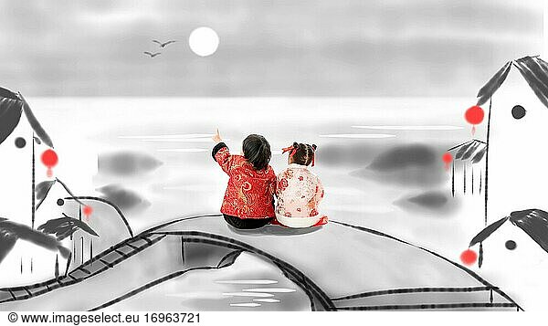 Kinderfigur sitzend auf einer Brücke
