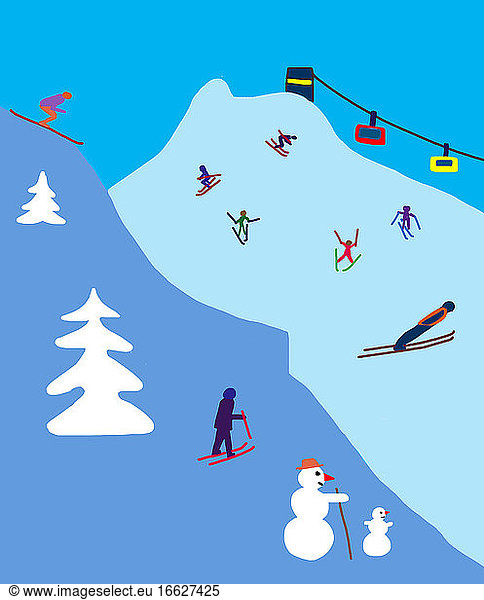 Kindergemälde einer Winterlandschaft mit Skifahrern und Skispringern