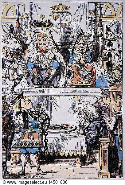 King and Queen of Hearts at the trial of the Knave of Hearts  Alice's Adventure in Wonderland by Lewis Carroll  Hand-Colored Illustration  1865