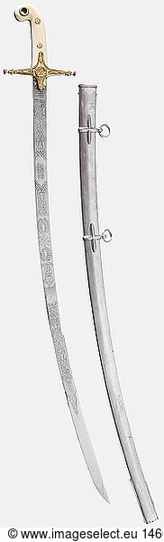 King Edward VII (1841 - 1910)  an 1831 pattern sabre for general officers A slightly curved etched blade with a pronounced spur  both sides displaying the crowned cipher 'ER VII'  crossed sabres and a marshal's baton between wreaths  and floral elements. The reverse side bears the monogram 'T.E.S.' and the marker's inscription 'Wilkinson'. The obverse side has a gold filled mark  and the back bears the number '39459'. Gilded brass hilt with riveted ivory grip scales. Iron scabbard with remnants of nickel-plating. Length 95 cm. The sabre comes from the possessions of Major General Theodore E. Stephenson  who acquired it in 1902. Originally this weapon was made for Edward VII in 1901 while he was still Prince of Wales. But when his mother  Queen Victoria  died that same year  and Edward ascended to the throne  h historic  historical  19th century  object  objects  stills  clipping  clippings  cut out  cut-out  cut-outs  sabre  sabres  baton  blade  blades  melee weapon  melee weapons  weapon  arms  weapons  arms
