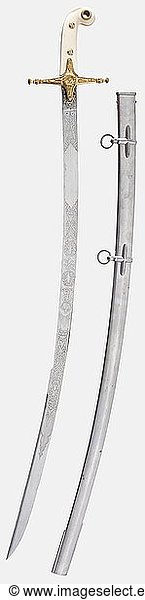 King Edward VII (1841 - 1910)  an 1831 pattern sabre for general officers A slightly curved etched blade with a pronounced spur  both sides displaying the crowned cipher 'ER VII'  crossed sabres and a marshal's baton between wreaths  and floral elements. The reverse side bears the monogram 'T.E.S.' and the marker's inscription 'Wilkinson'. The obverse side has a gold filled mark  and the back bears the number '39459'. Gilded brass hilt with riveted ivory grip scales. Iron scabbard with remnants of nickel-plating. Length 95 cm. The sabre comes from the possessions of Major General Theodore E. Stephenson  who acquired it in 1902. Originally this weapon was made for Edward VII in 1901 while he was still Prince of Wales. But when his mother  Queen Victoria  died that same year  and Edward ascended to the throne  h historic  historical  19th century  object  objects  stills  clipping  clippings  cut out  cut-out  cut-outs  sabre  sabres  baton  blade  blades  melee weapon  melee weapons  weapon  arms  weapons  arms