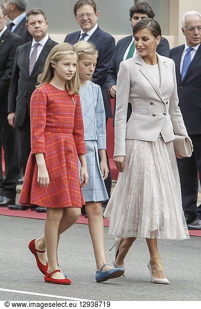 King Felipe VI of Spain  Queen Letizia of Spain  princess Leonor and Princess Sofia attend the national day parade at Lima square in Madrid  Spain on the 12 of October of 2018.12/10/2018.