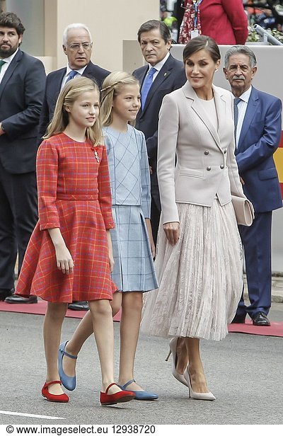 King Felipe VI of Spain  Queen Letizia of Spain  princess Leonor and Princess Sofia attend the national day parade at Lima square in Madrid  Spain on the 12 of October of 2018.12/10/2018.