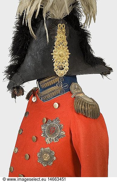 King Frederik VI of Denmark  Duke of Lauenburg (1768 - 1839)  his general's uniform  circa 1814/20 Uniform tail coat of bright red cloth with a blue collar and cuffs with gold foil/paillette embroidery  and white piping. The front is double-breasted  fastening with six pairs of flat gilded brass buttons. The left side of the breast bears the embroidered stars of the Order of the Elephant and the Bavarian Order of St. Hubert (since 1814 knight of that order). Epaulettes with gold bullion  of the original three embroidered rank stars (general)  only two are left (one unattached). There is also the cocked hat of black felt  sporti historic  historical  19th century  object  objects  stills  clipping  clippings  cut out  cut-out  cut-outs  uniform  uniforms  outfit  outfits  textile  clothes