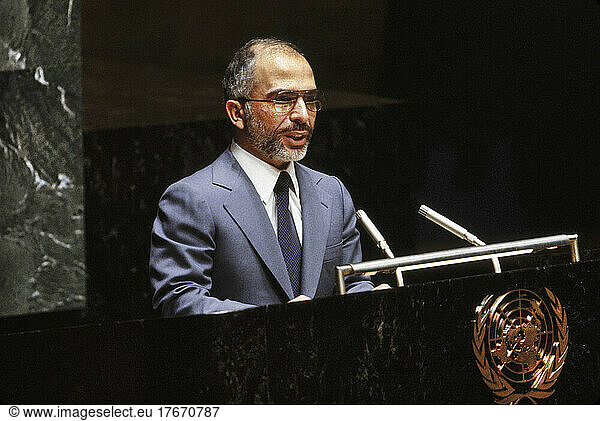 King Hussein of Jordan addressing United Nations  New York City  New York  USA  Bernard Gotfryd  September 1979