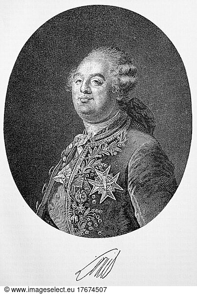 King Louis XVI at the age of 31 years  Louis XVI August of France (23 August 1754) (21 January 1793) from the House of Bourbon was as Louis Auguste first Duke of Berry and became after the death of his father in 1765 Dauphin and after the death of his grandfather in 1774 finally King of France and Navarre  Historical  digitally restored reproduction of an original from the 19th century  exact date unknown