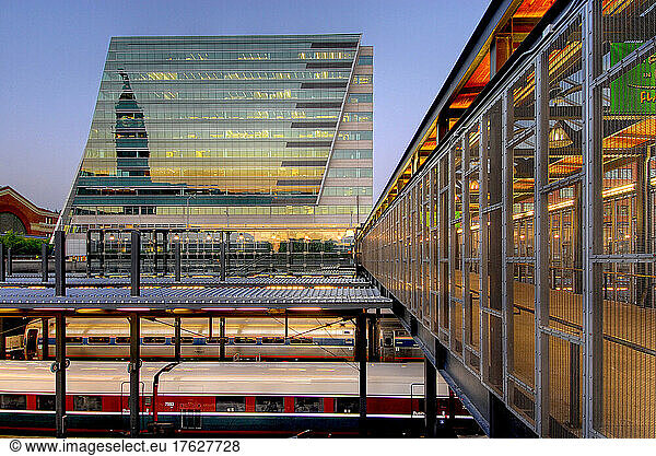 King Street railway station at dusk  downtown architecture in Seattle City