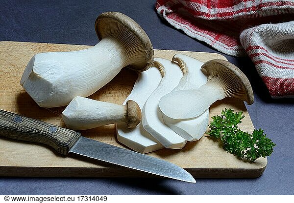 King trumpet mushrooms (Pleurotus eryngii)  sliced on wooden board  Germany  Europe