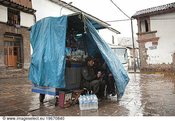 Kiosk in the rain in Cusco  Peru