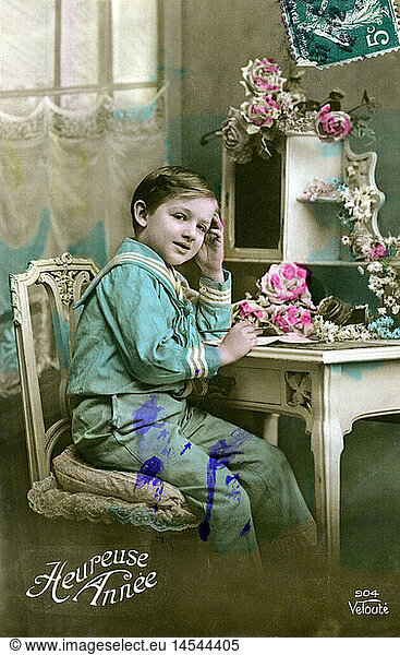 kitsch / souvenir,  postcard,  New Year,  'Heureuse Annee' (Happy New Year),  postcard,  coloured,  boy at desk,  decorated with roses,  France,  circa 1900