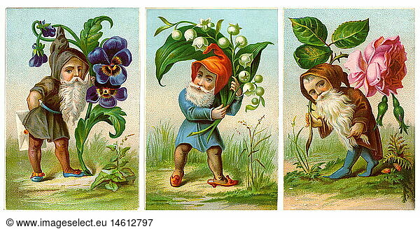 kitsch/cards/souvenir  dwarfs with flowers  lithograph  Germany  circa 1880