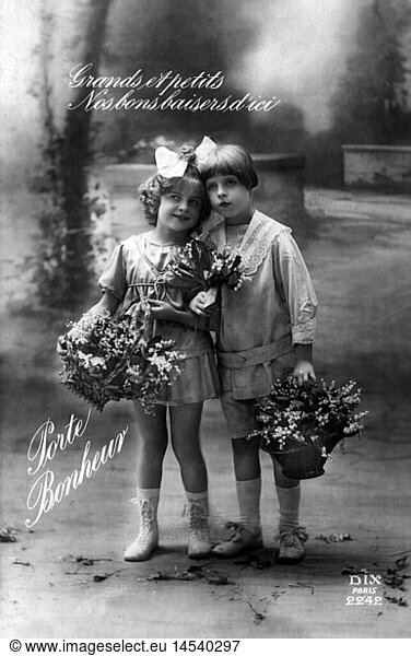 kitsch / cards / souvenir  'Porte Bonheur' (Good-luck charms)  children with flowers  picture postcard  Dix  Paris  circa 1910