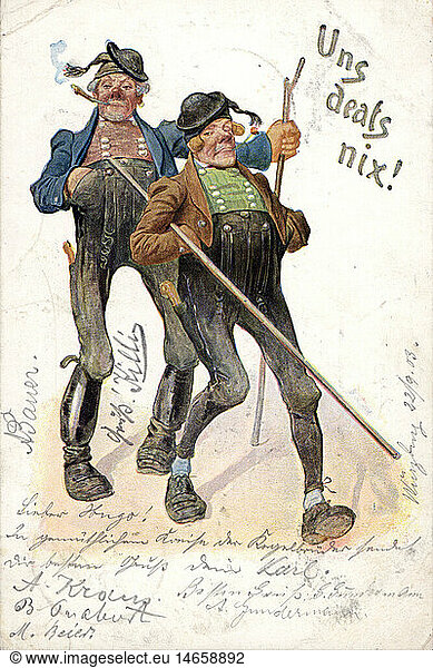 kitsch / cards / souvenir  'Uns deats nix' (It doesn't bother us)  two hikers in leather trousers  picture postcard  circa 1903