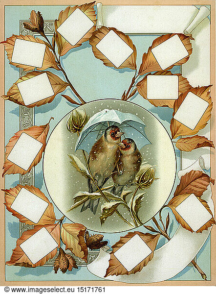 kitsch / souvenir  bird's wedding  extremely decorative sheet  chromolithograph  Germany  circa 1895