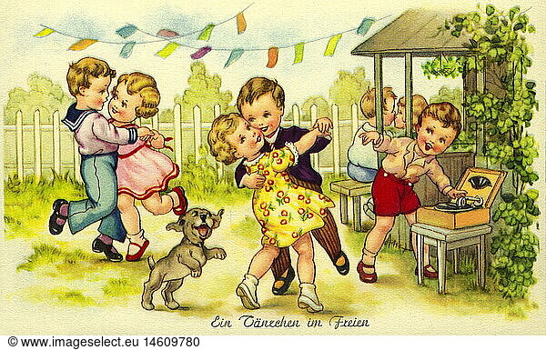 kitsch / souvenir  children dancing to music of a gramophone  Germany  circa 1930