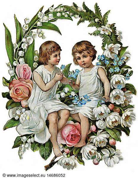 kitsch / souvenir  children in wreath  scrap-picture  Germany  1893  two  2  wreath of blossom  frames  frame  framing  flowers  flower  oval  wreath  chaplet  wreaths  chaplets  symbol  symbols  symbolic  symbolical  Mother's Day  congratulations  good wishes  charming  scrap-picture  scraps  chromos  scrap-pictures  scrap picture  scrap pictures  glossy prints  decorative  decoration  decorations  deco  litho  lithograph  lithographing  illustration  clipping  cut out  cut-out  cut-outs  19th century  historic  historical  people