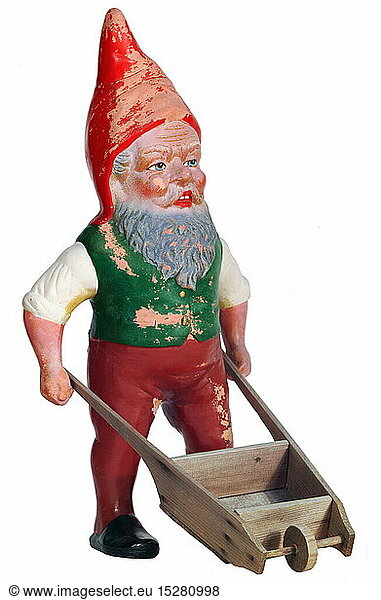kitsch / souvenir  garden gnome  garden gnome with wheel barrow from the 1920s years  Germany