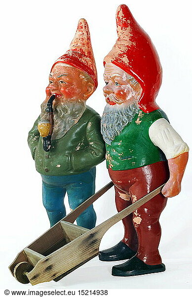 kitsch / souvenir  garden gnome  garden gnomes with wheel barrow from the 1920s years  Germany