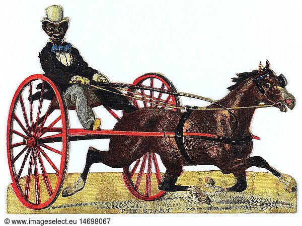 kitsch / souvenir  glossy prints  a black man driving with a two-wheeled coach  chromolithograph  late 19th century  autograph book picture  family album picture  sulky  sulkies  horse  horses  transport  transportation  coachman  coach driver  coachmen  Moor  racism  people  kitsch  hokum  coach  carriage  coaches  carriages  chromolithograph  chromolithography  historic  historical  man  men  male